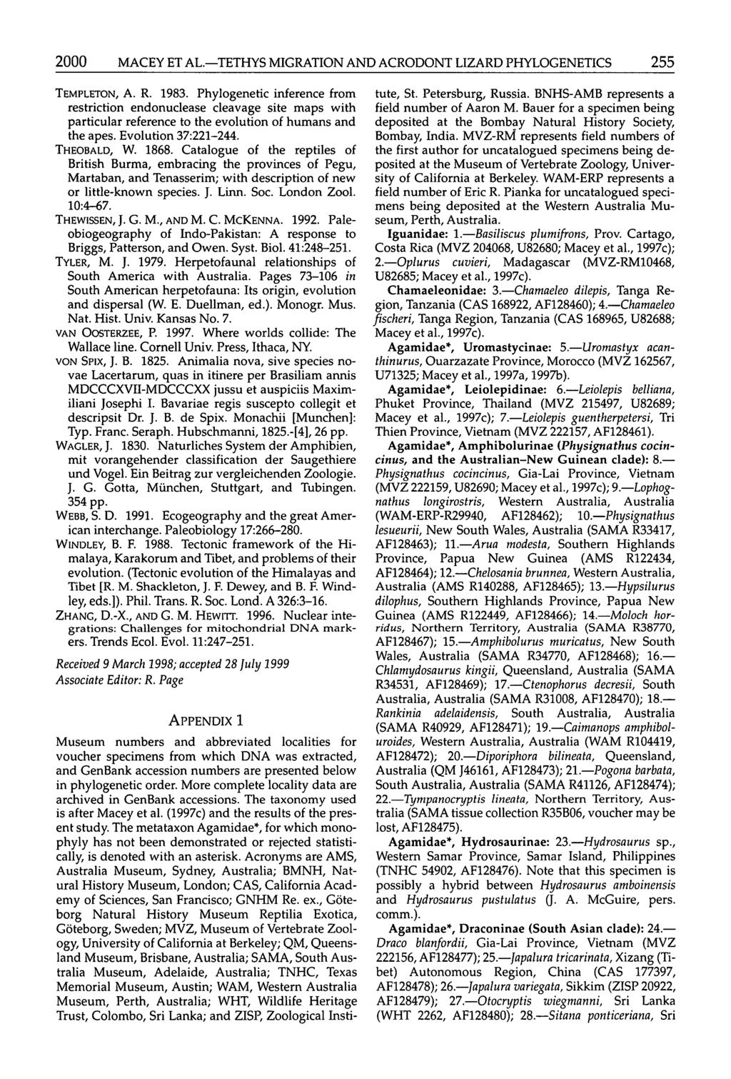 2000 MACEY ET AL. TETHYS MIGRATION AND ACRODONT LIZARD PHYLOGENETICS 255 TEMPLETON, A. R. 1983.