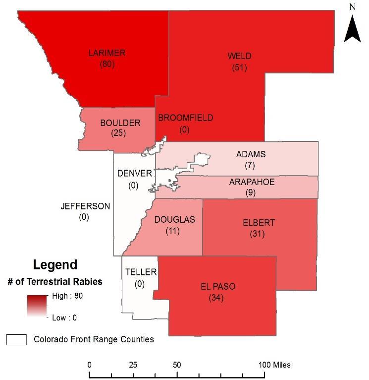 # of Terrestrial Rabies Incidences Paso and Elbert Counties, in the South while during 2012 through to 2014 the majority of rabies cases occurred in Boulder, Larimer and Weld Counties to the North