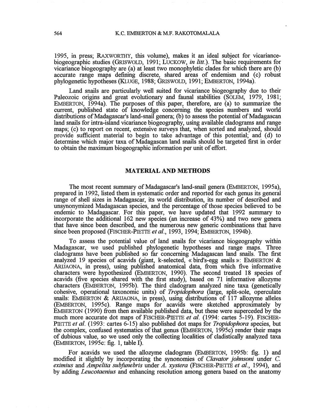 564 K.C. EMBERTON & M.F. RAKOTOMALALA 1995, in press; RAXWORTHY, thisvolume),