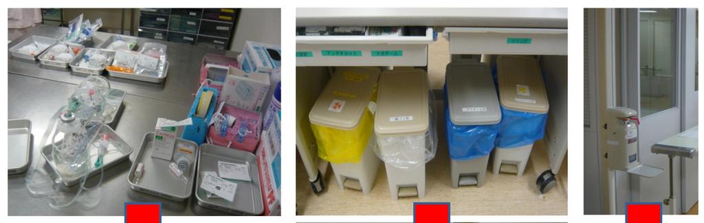 Figure 2. Post-intervention improvements by the ICT. Left: Organizing a desk for injection manufacture. Center: Clarification of waste containers. Right: Placement of a rack for gloves and gowns.
