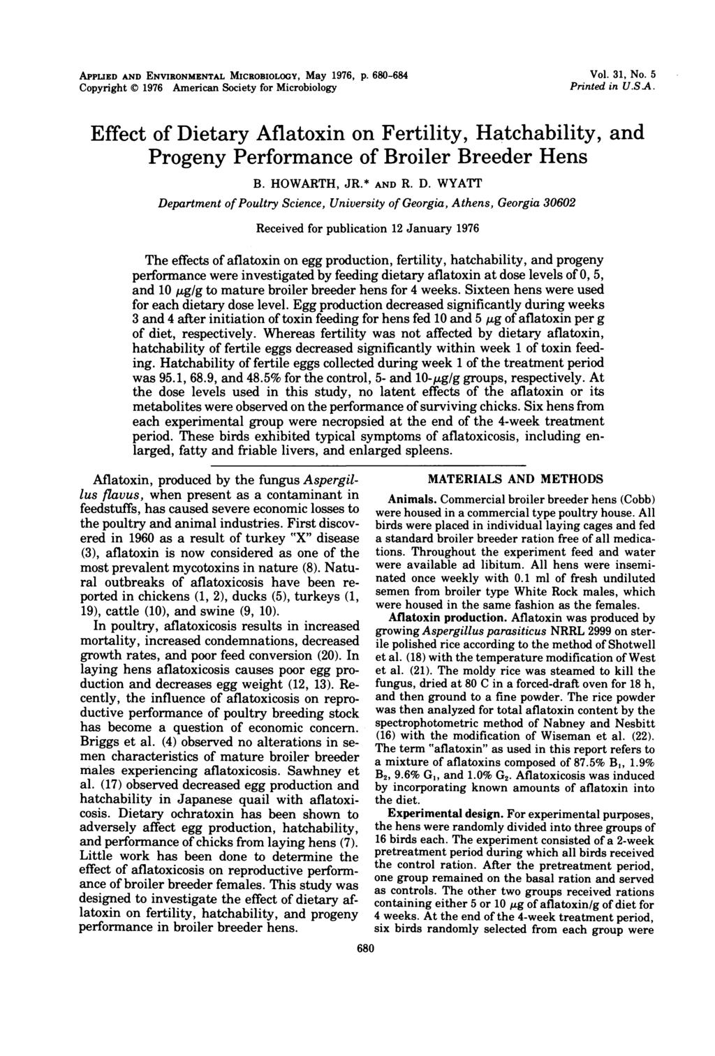 APPLIED AND ENVIRONMENTAL MICROBIOLOGY, May 1976, p. 68-684 Copyright X) 1976 American Society for Microbiology Vol. 31, No. 5 Printed in U.SA.