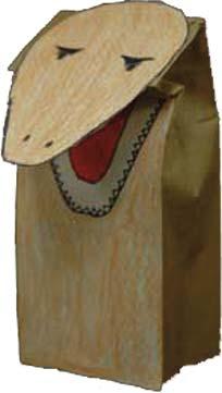 T-Rex Paper Bag Puppet 16 SUPPLIES: Crayons Scissors Glue Sticks (or paste) Copies of the T-Rex face and mouth sheets (one set per child) Small paper bags- #4 size (one per child) INSTRUCTIONS: 1.