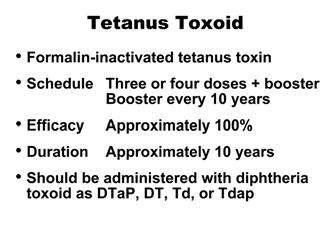Among these 18 patients, one (6%) death occurred; the death was in an injection-drug user whose last dose of tetanus toxoid was 11 years before the onset of tetanus.