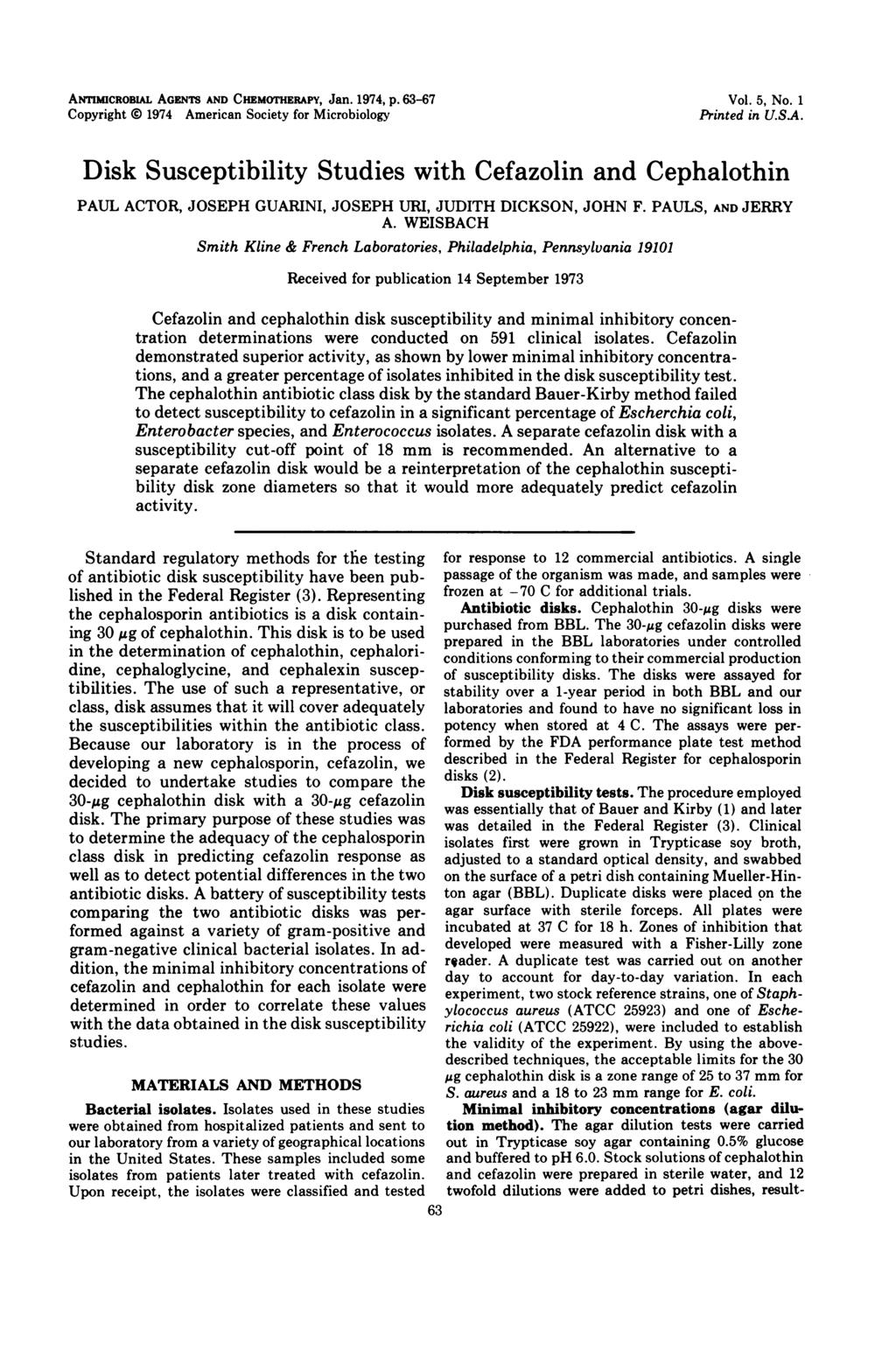ANTIMICROBiAL AGENTS AND CHEMOTHEMRAPY, Jan. 1974, p. 63-67 Copyright i 1974 American Society for Microbiology Vol. 5, No. 1 Printed in U.SA.