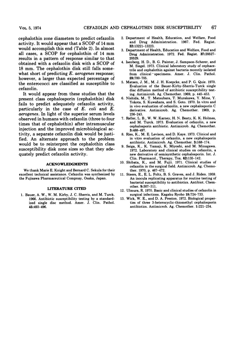 VOL 5, 1974 CEFAZOLIN AND CEPHALOTHIN DISK SUSCEPTIBILITY 67 cephalothin zone diameters to predict cefazolin activity. It would appear that a SCOP of 14 mm would accomplish this end (Table 2).