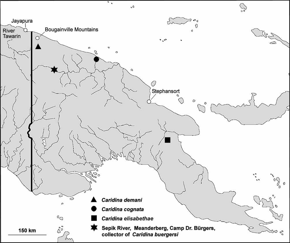 FIGURE 1. Collection sites for the four species of Caridina examined in Papua New Guinea.