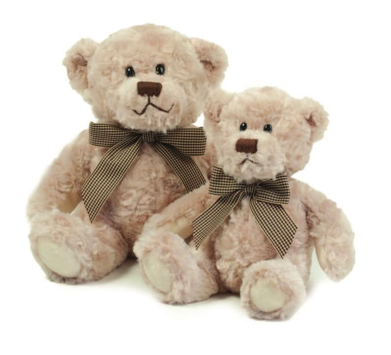 OTI BEAR - 005 - Luxury plush oatmeal bear with a brown check ribbon around neck. Bean filled hands, feet and bottom.
