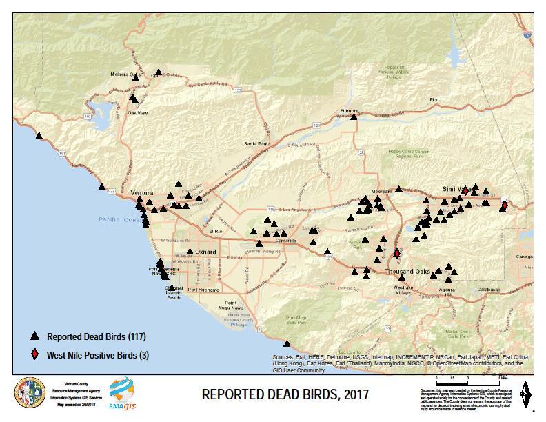 Wild Bird Collection and Testing In Ventura County during 2017, a total of 119 dead birds were reported to the WNV dead bird hot line; 17 were collected and submitted for testing; 3 tested positive