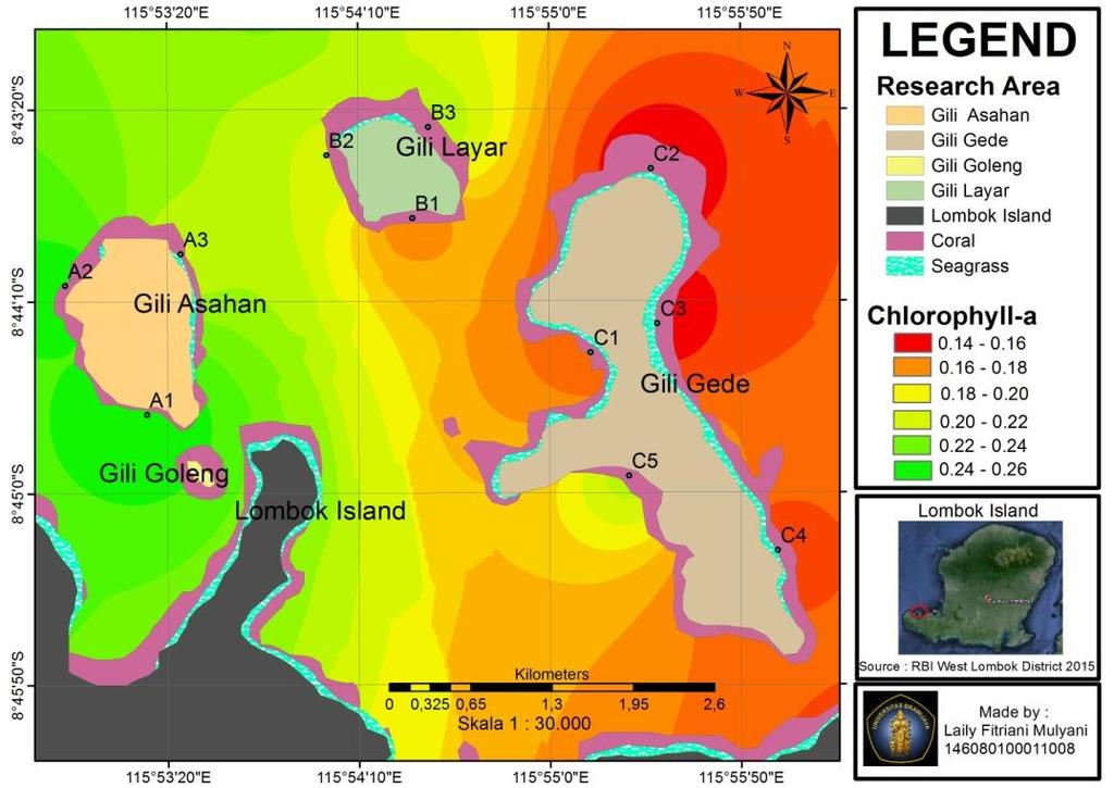 Figure. Distribution of chlorophyll-a in West Lombok Waters Figure 4. Overlay of Land Suitability Sea cucumbers (Holothuria scabra) Based on Biological Parameters.