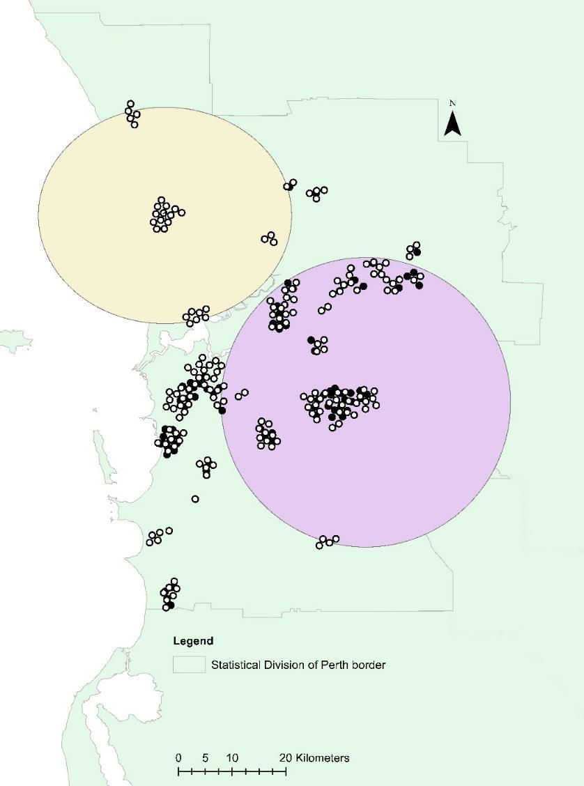 8.3.3 Geographical clustering of Giardia spp. infection risk Quenda infected with Giardia spp. were identified throughout the greater Perth region (Figure 8.1). Quenda infected with Giardia spp. Quenda not infected with Giardia spp.