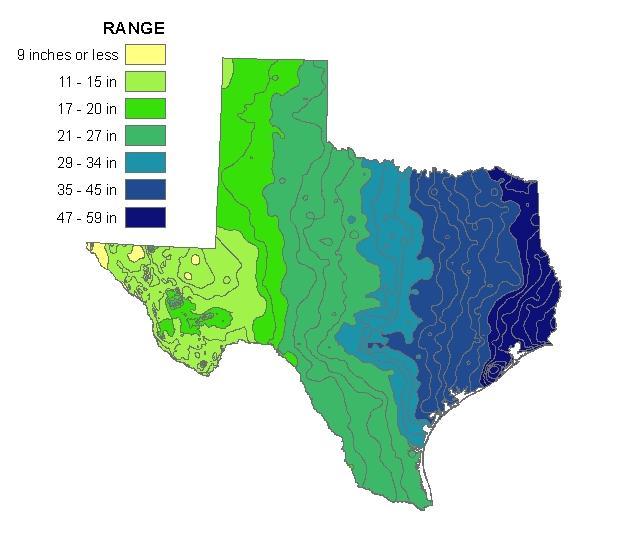 Figure 3: Range in annual precipitation data for Texas