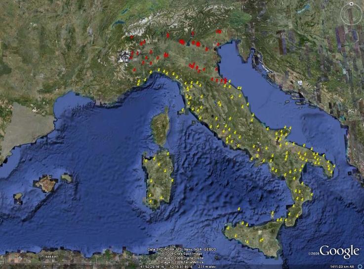 New foci (red pushpin) reported in non-endemic areas after the 1990s until 2009. of the small foci of dirofilariosis in the Apulia and Calabria regions that have been here presented.