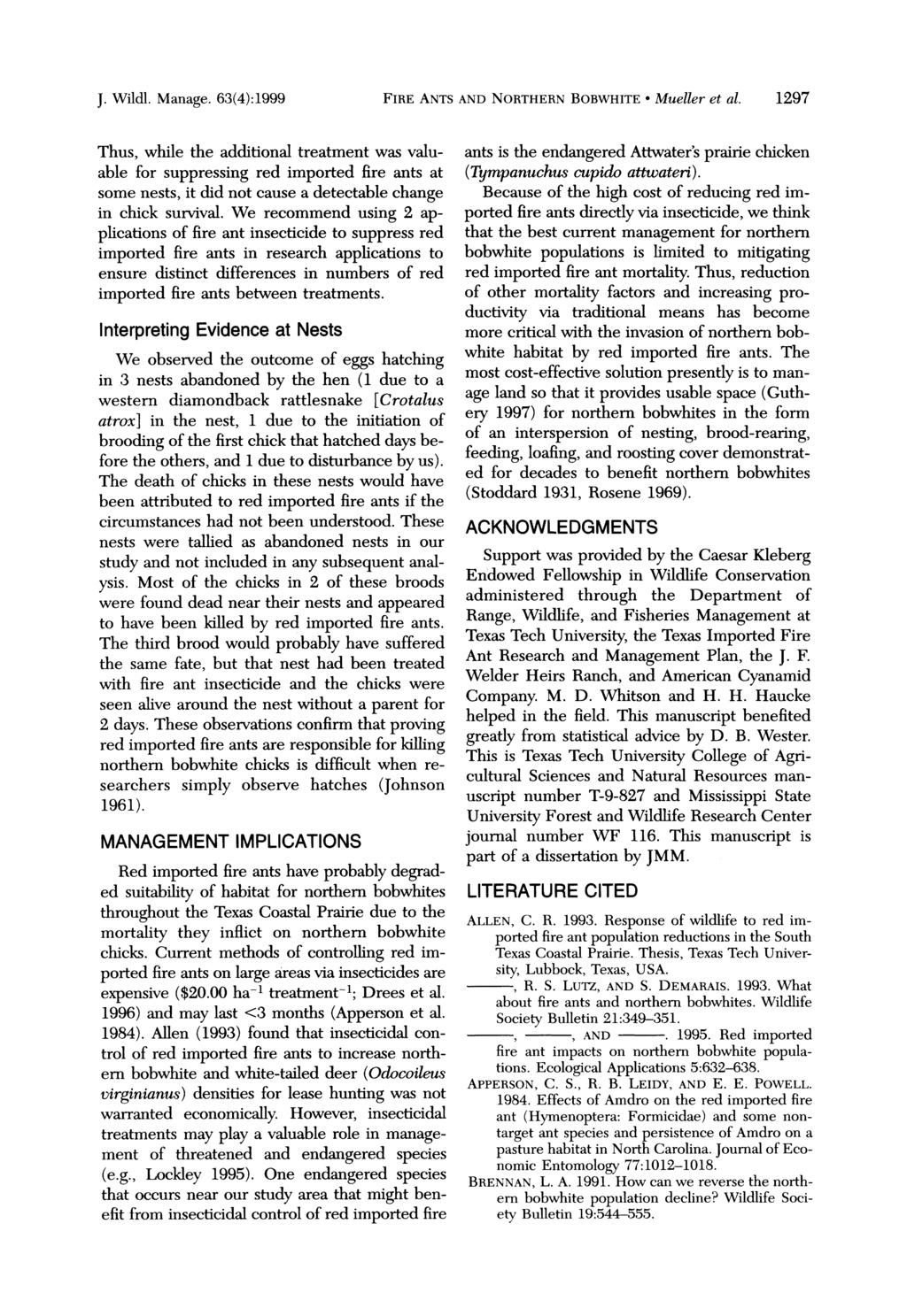 J. Wildl. Manage. 63(4):1999 FIRE ANTS AND NORTHERN BOBWHITE * Mueller et al.