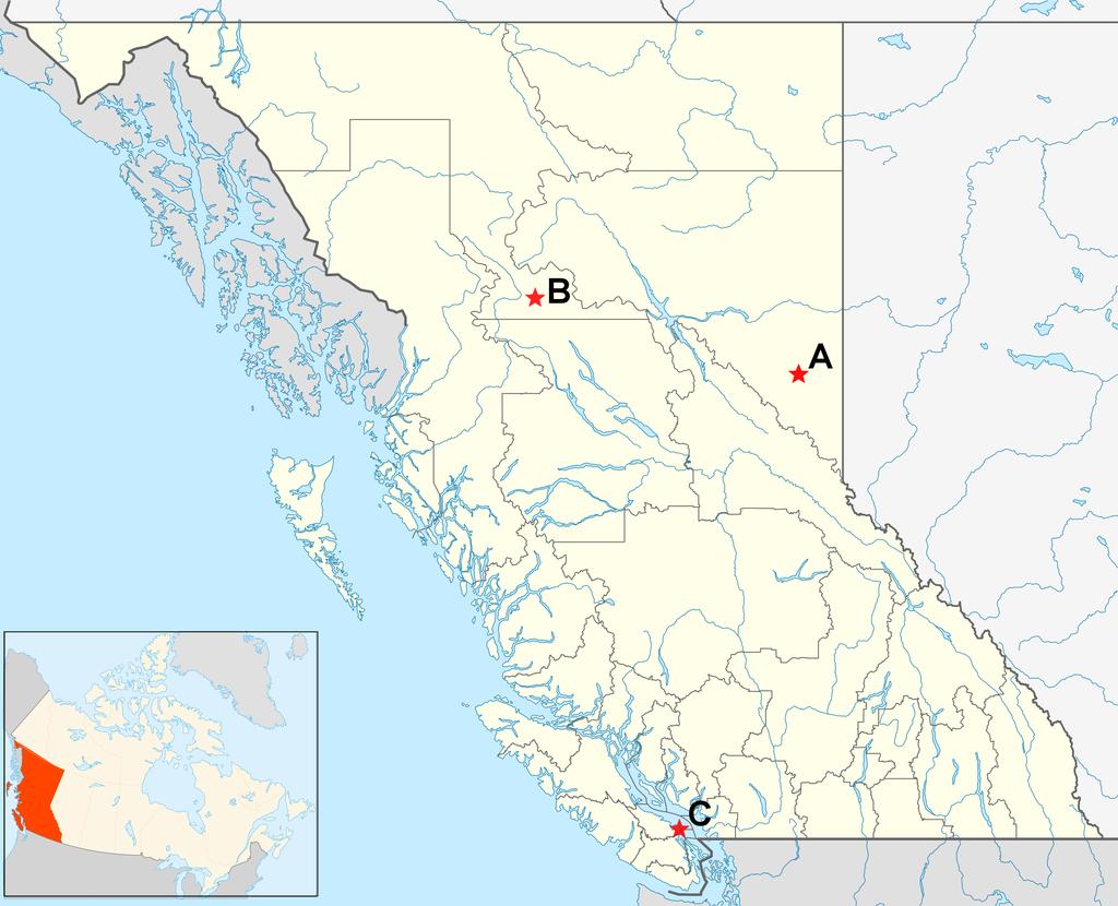 Figure 1. Map of British Columbia showing locations of non-avian dinosaur body fossils.
