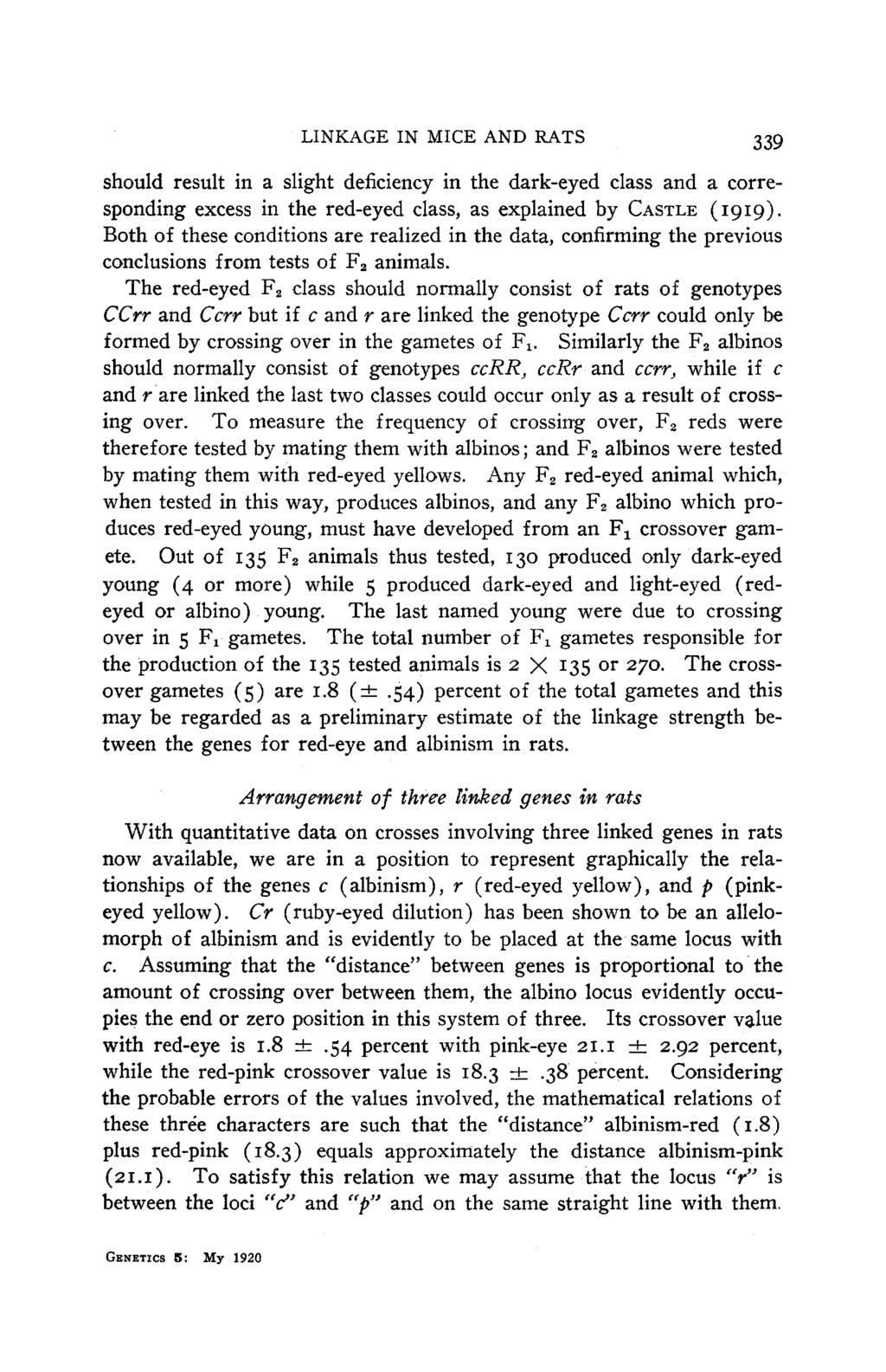LINKAGE IN MICE AND RATS 339 should result in a slight deficiency in the dark-eyed class and a corresponding excess in the red-eyed class, as explained by CASTLE (1919).