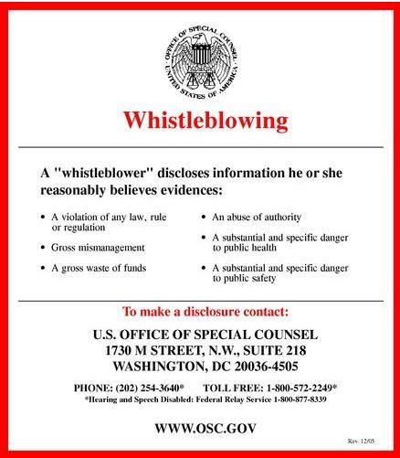 External Whistle Blowing (Whistle Blowing Luaran) Di Amerika, penyebar whistle blowing oleh kakitangan kerajaan adalah dilindungi di sisi undang-undang dari dilucutkan jawatan.