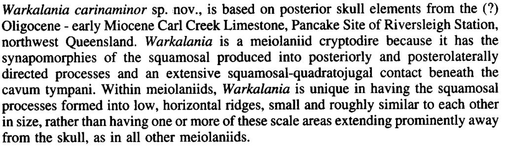 2University of New South Wales, P.O. Box 1, Kensington, NSW 2033, Australia. ABSTRACT Warkalania carinamir sp. v., is based on posterior skull elements from the (?