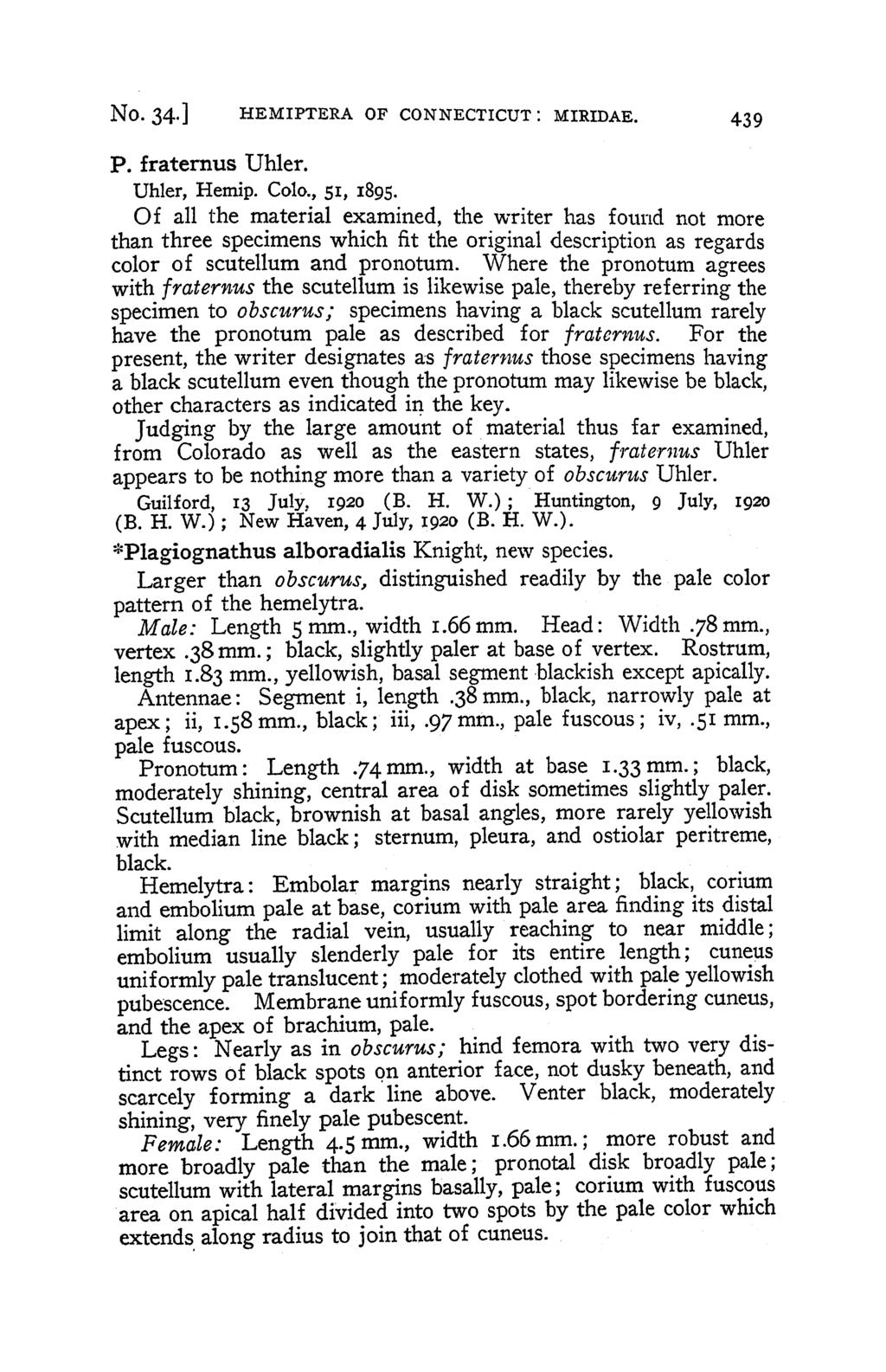 No. 34.] HEMIPTERA OF CONNECTICUT: MIRIDAE. P. fraternus Uhler. Uhler, Hemip. Colo., 5I, 1895.