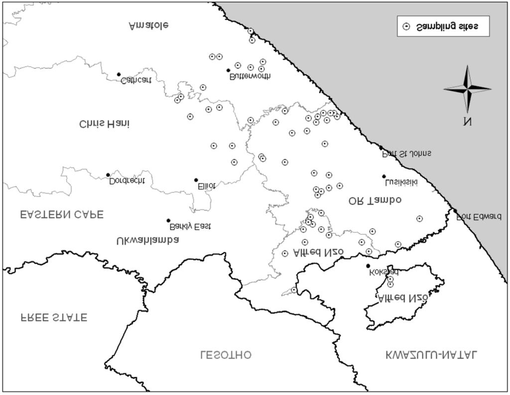 Fig. 1: Dip-tanks at which ticks were collected for an acaricide resistance survey in the eastern region of the Eastern Cape Province, South Africa.