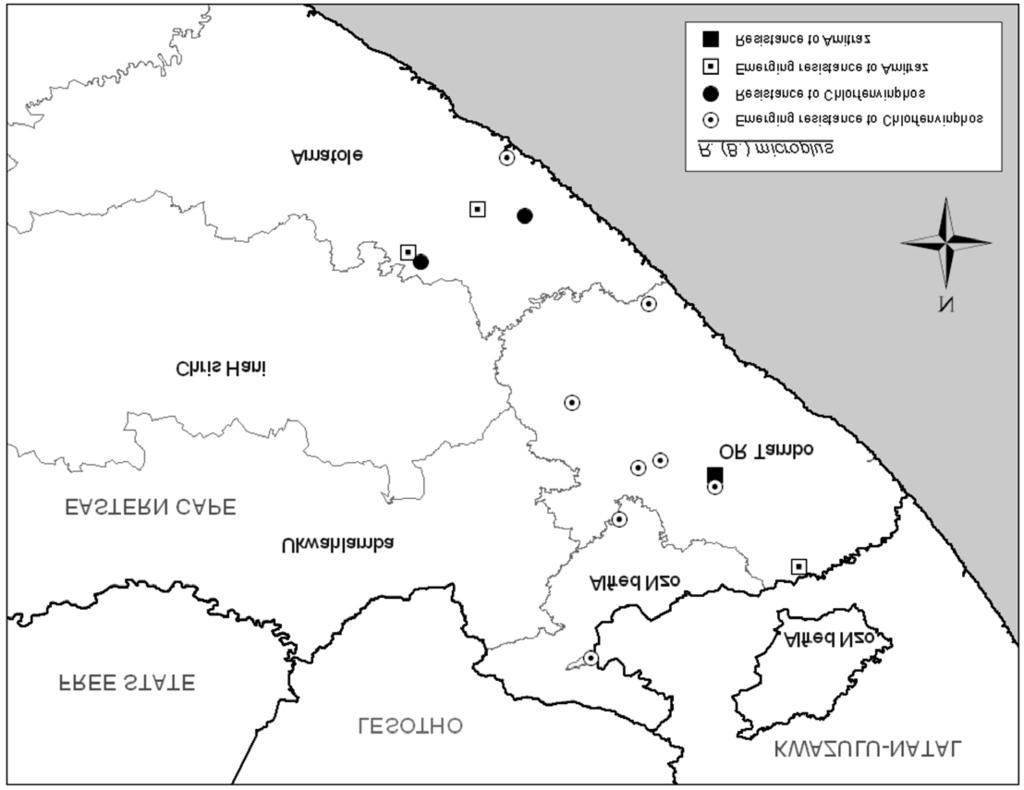 Fig. 2: Dip-tanks at which the 1-host tick Rhipicephalus (Boophilus) microplus displayed resistance to acaricides in the eastern region of the Eastern Cape Province, South Africa. tance at 4 (Fig.