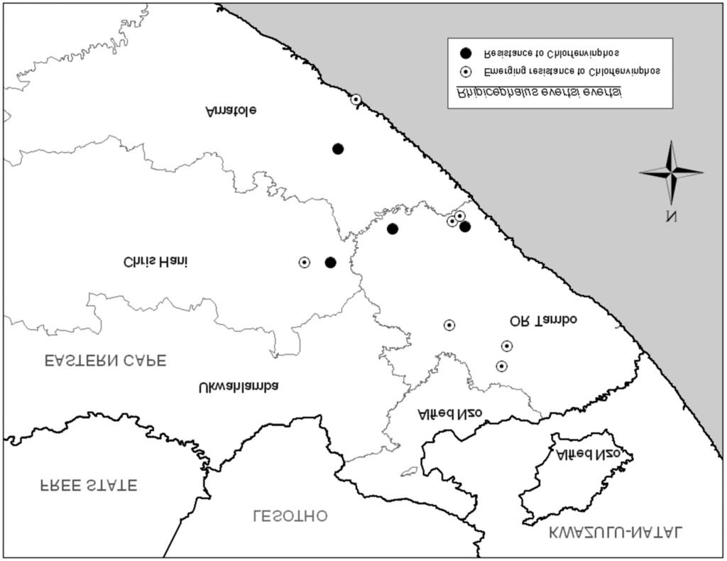 Fig. 3: Dip-tanks at which the 2-host tick Rhipicephalus evertsi evertsi displayed resistance to acaricides in the eastern region of the Eastern Cape Province, South Africa.