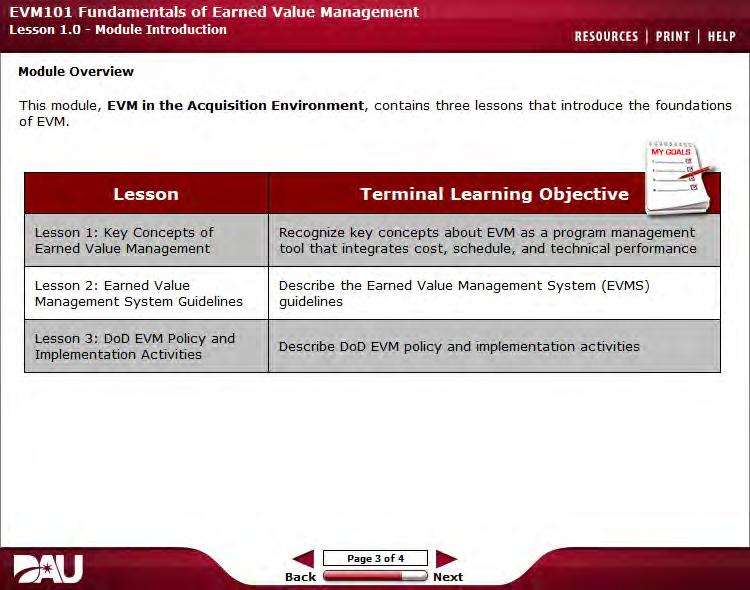EVMlOl Fundamentals of Earned Value Management Module Overview This module, EV M in t he Acquisit ion Environm ent, contains three lessons that introduce the foundations of EVM....,,,, MYOOAI.