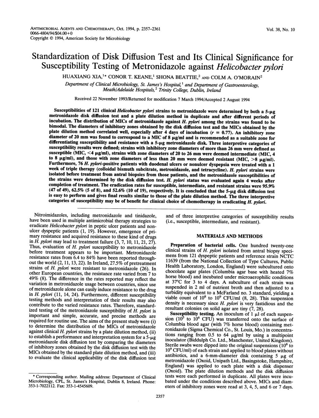 ANTIMICROBiAL AGENTS AND CHEMOTHERAPY, OCt. 1994, p. 2357-2361 66-484/94/$4.+ Copyright 1994, American Society for Microbiology Vol. 38, No.