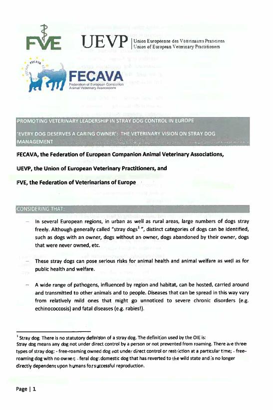 FECAVA, the Federation of European Companion Animal Veterinary Associations UEVP, the Union of European Veterinary Practitioners FVE, the Federation of Veterinarians of Europe Stray dogs can pose