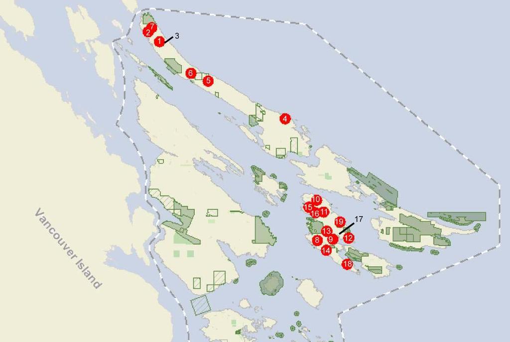 Figure 1: Sites surveyed for turtles within the Greater Victoria area and the southern Gulf Islands in 2008 (sites numbers correspond to those in