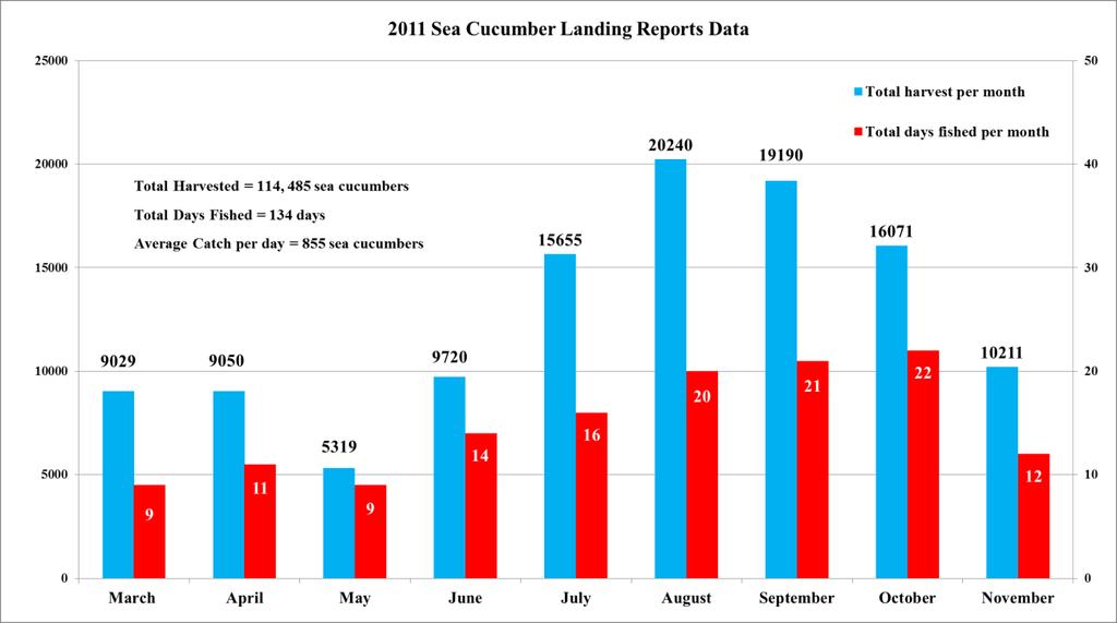 Figure 7: 2011 Sea Cucumber Landing Reports Data Notice the increased harvesting numbers from June through August where sea cucumber harvesting had reached its peak.