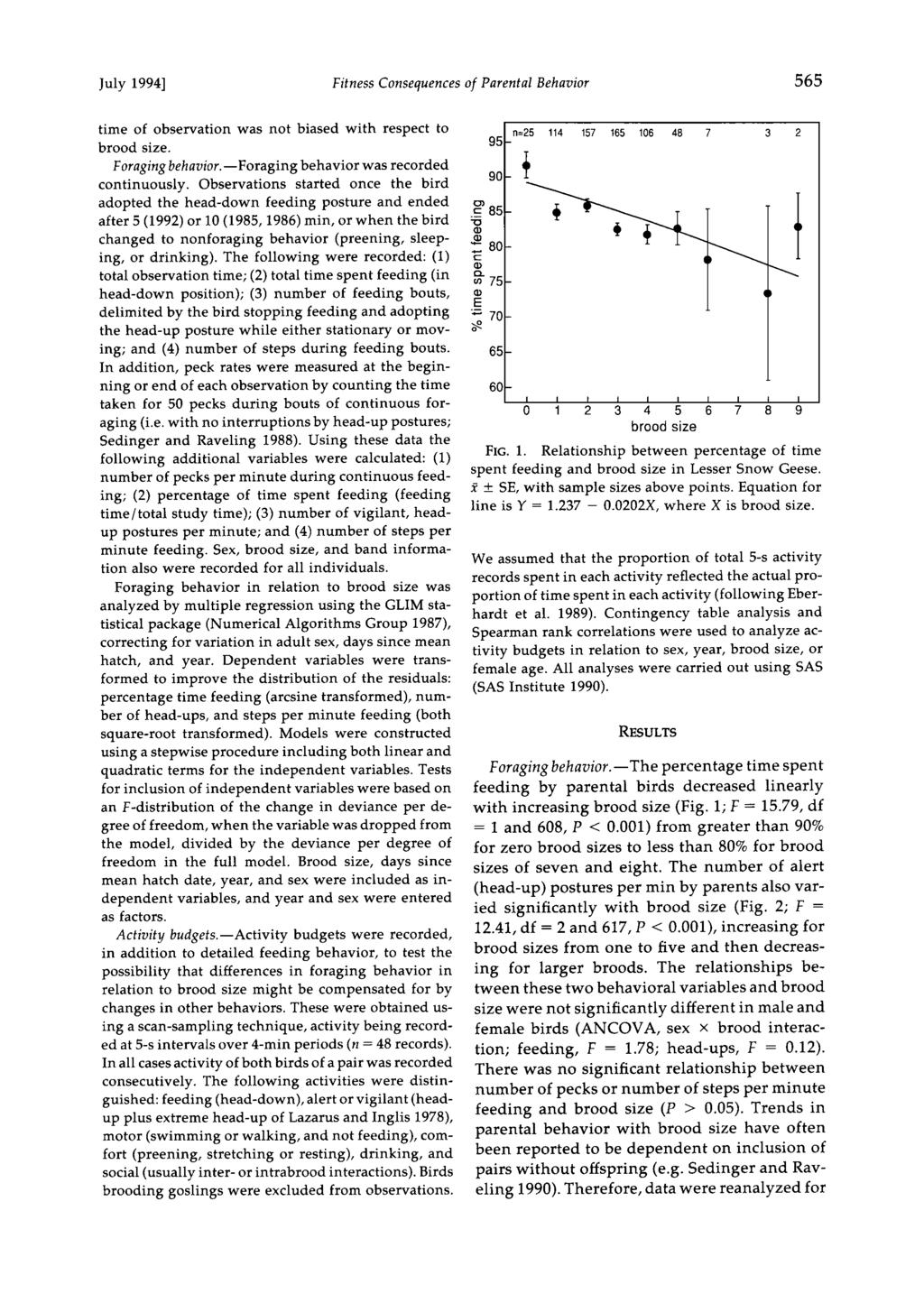 July 1994] Fitness Consequences of Parental Behavior 565 time of observation was not biased with respect to brood size. Foraging behavior.--foraging behavior was recorded continuously.
