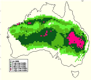 Map 1. Climate match between the world distribution of Ornate Box Turtle (Terrapene ornata) and Australia for five match classes.