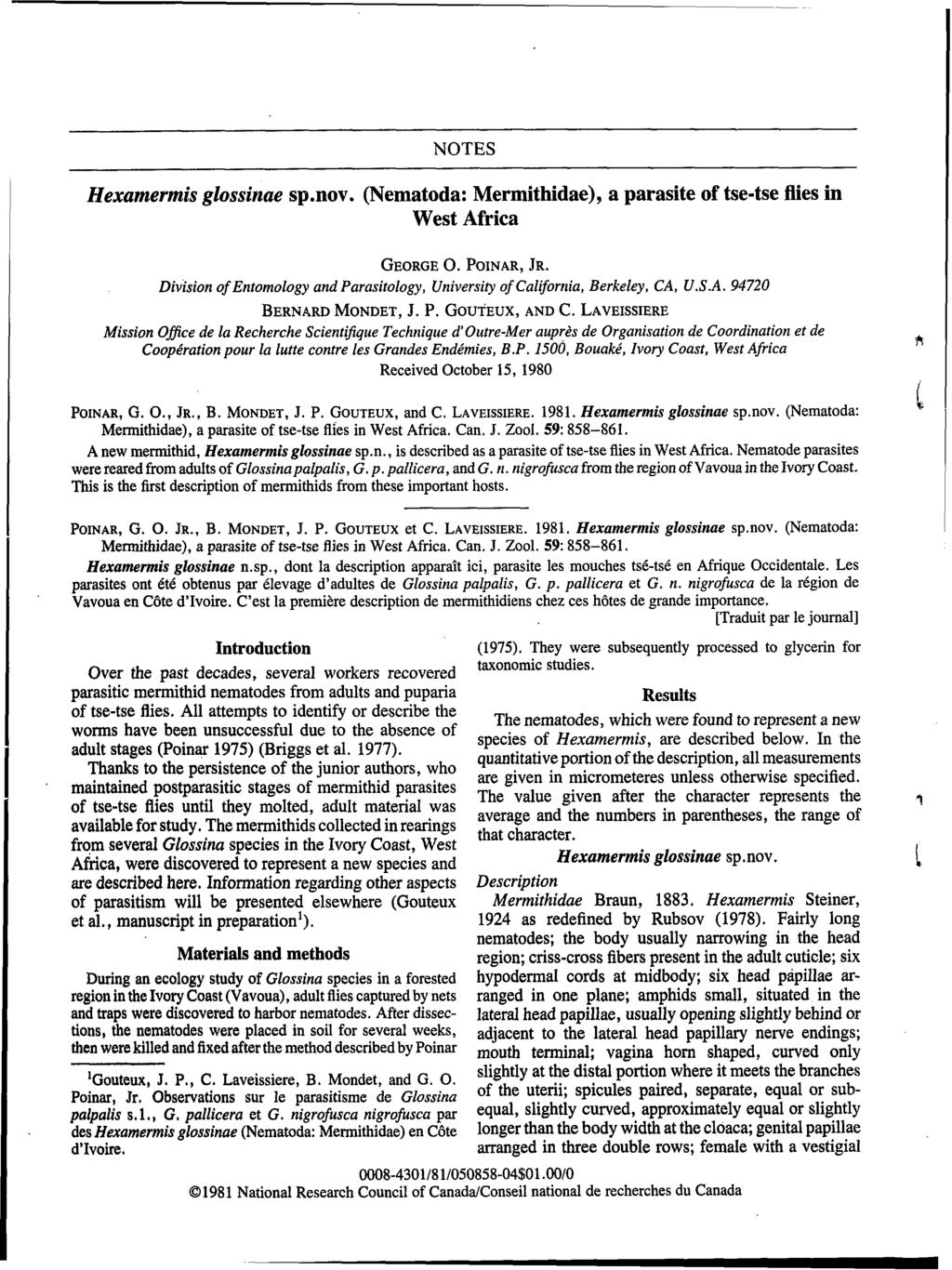 I. ' NOTES Hexamermis glossinae spnov. (Nematoda: Mermithidae), a parasite of tse-tse flies in West Africa GEORGE O. POINAR, JR.
