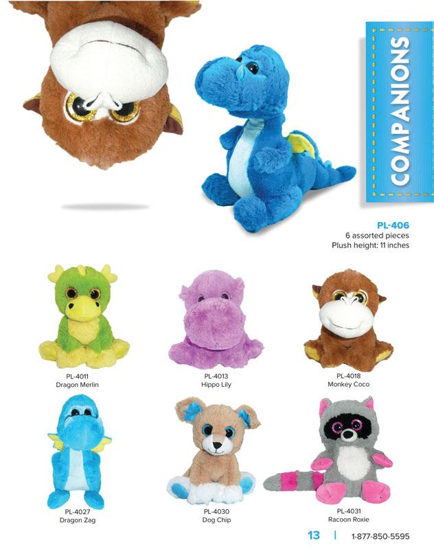 PL-406 6 assorted pieces Plush height: 11 inches PL-4011 Dragon Merlin PL-4013 Hippo