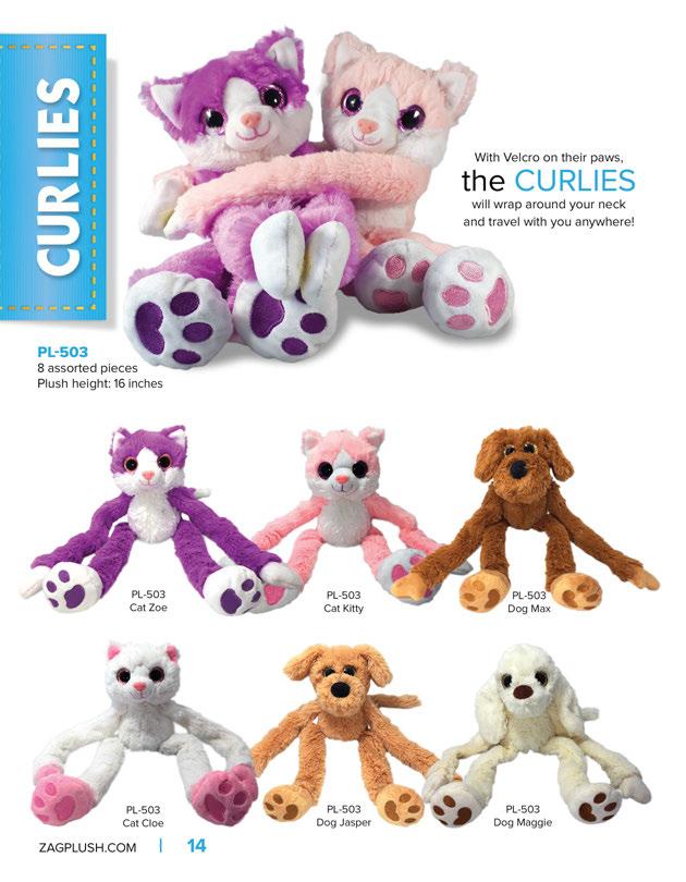 With Velcro on their paws, the CURLIES will wrap around your neck and travel with you anywhere!
