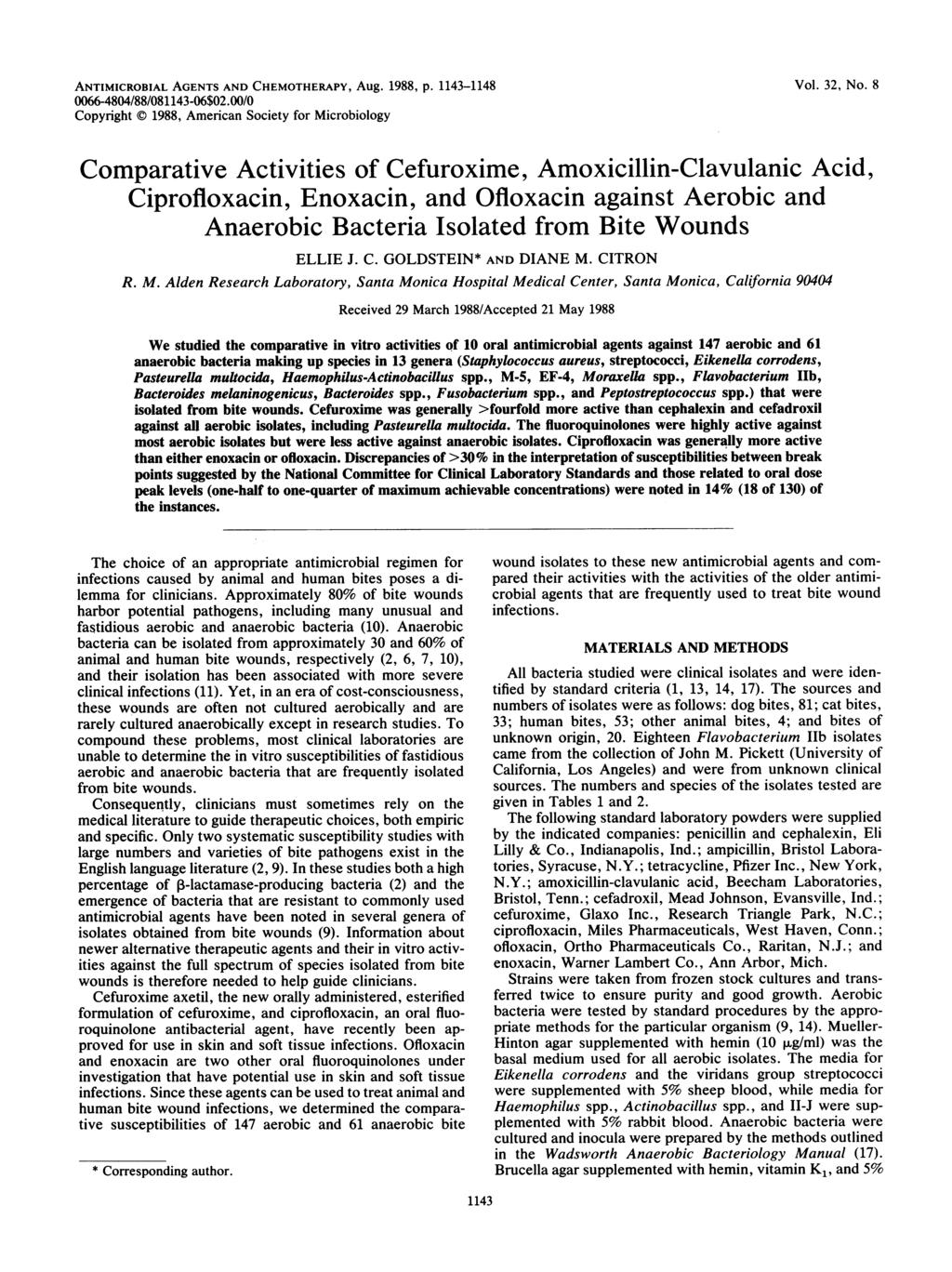 ANTIMICROBIAL AGENTS AND CHEMOTHERAPY, Aug. 1988, p. 1143-1148 Vol., No.