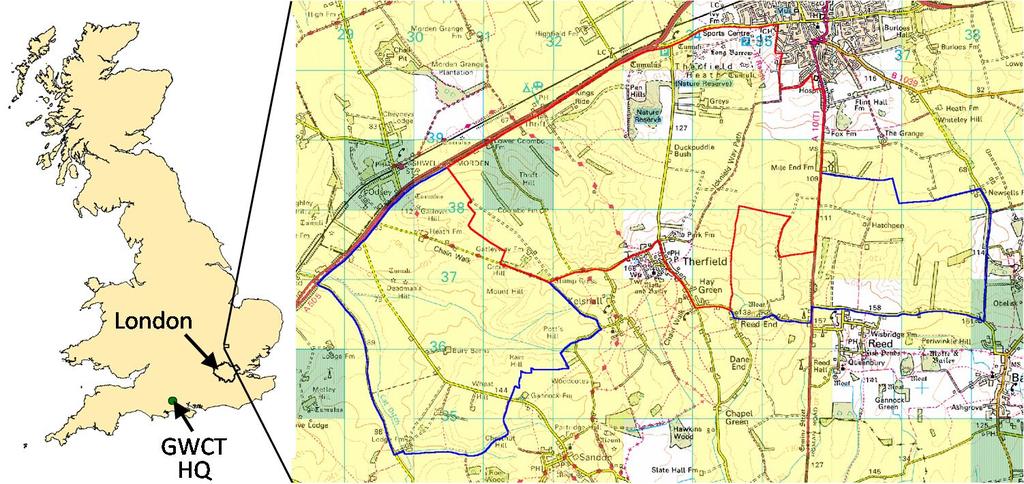 Aebischer: The : a Species Action Plan Figure 3: Location of the Grey Partridge Demonstration Project, in eastern England, and Ordnance Survey map outlining the demonstration (blue) and reference
