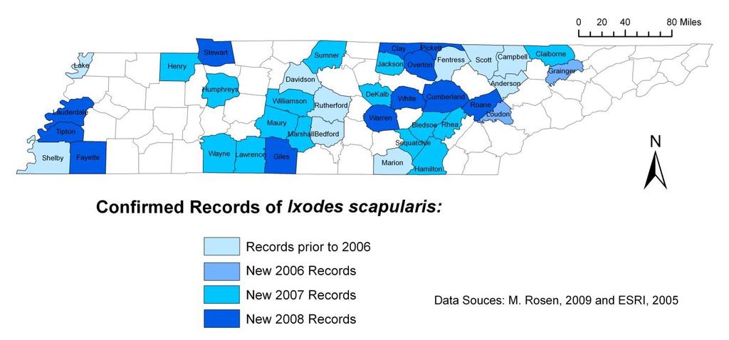 Figure 2.4: Updated distribution map for I. scapularis in Tennessee. throughout Tennessee. These comprised the 871 I. scapularis listed in Table 2.2 plus 12 I.