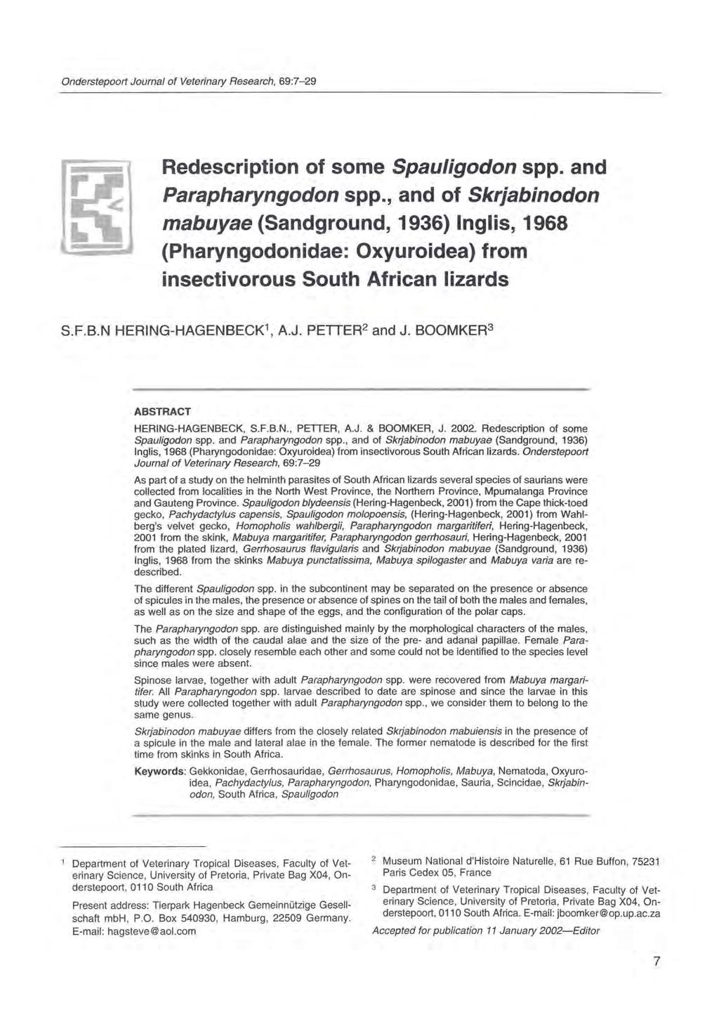 Onderstepoort Journal of Veterinary Research, 69:7-29 Redescription of some Spau/igodon spp. and Parapharyngodon spp.