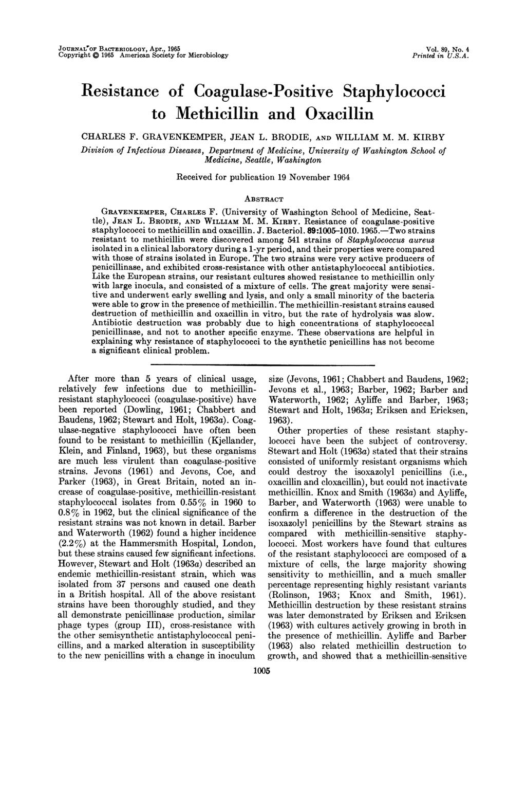 JOURNALOF BACrERIOLOGY, Apr., 1965 Copyright a 1965 American Society for Microbiology Vol. 89, No. 4 Printed in U.S.A. Resistance of Coagulase-Positive Staphylococci to Methicillin and Oxacillin CHARLES F.