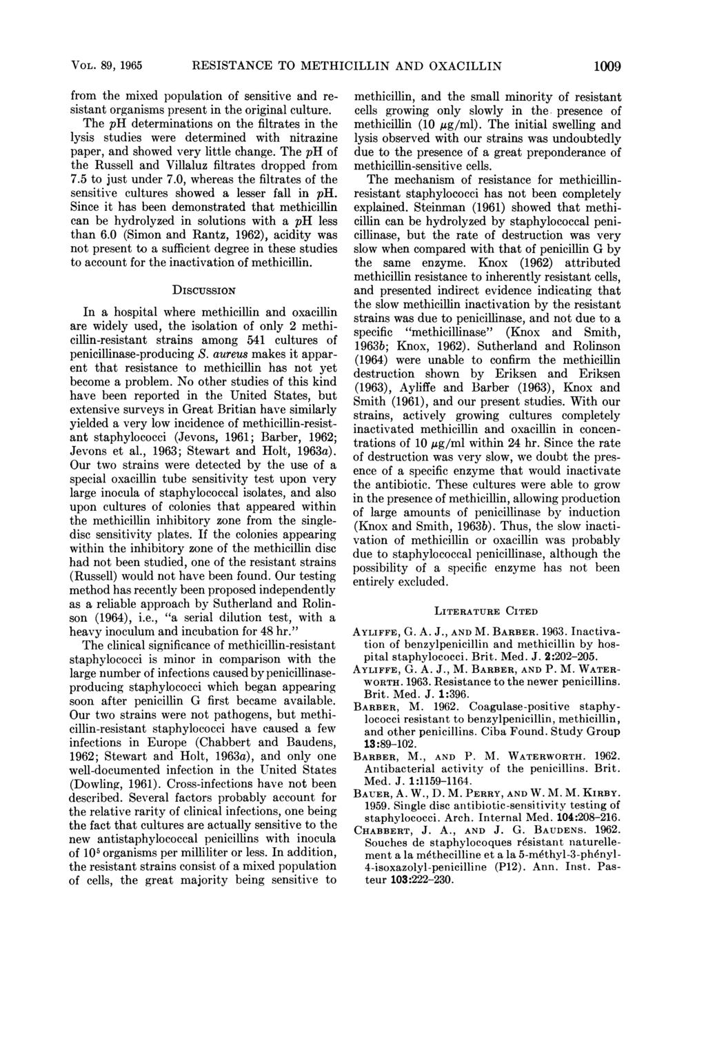 VOL. 89, 1965 RESISTANCE TO METHICILLIN AND OXACILLIN 1009 from the mixed population of sensitive and resistant organisms present in the original culture.