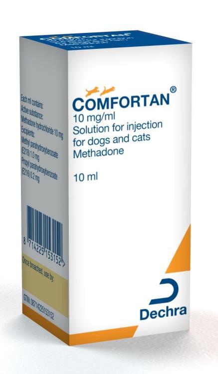 SPC dose rates for Comfortan dogs: 0.5-1.0 mg/kg SC, IM or IV cats: 0.3-0.