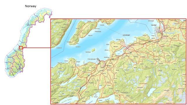 Figure 1: Illustration map over the study area in Levanger municipality (main figure), and its location in Norway (left side). B.