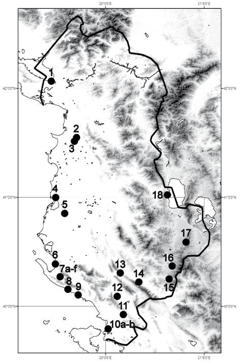 Amphibians were recorded at 10 of the 18 localities studied. The highest number of species (5) was recorded at Shelegurë, 1032 m a. s. l., followed by the four recorded at Ardenica, 43 m a. s. l. Bombina variegata and Pelophylax ridibundus were the most abundant amphibians and both occurred at three localities.
