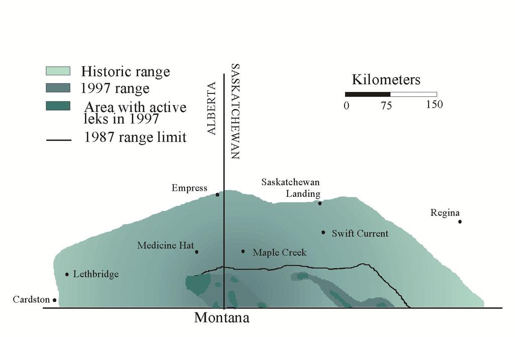 Figure 2. Range of sage-grouse in Canada. Historical range is based on anecdotal sightings of birds prior to the 1960s.