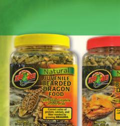 FOOD PRODUCTS A B C D A. NATURAL JUVENILE BEARDED DRAGON FOOD WITH ADDED VITAMINS AND MINERALS. Correct ratios of protein, calcium, and fi ber needed by growing Dragons.
