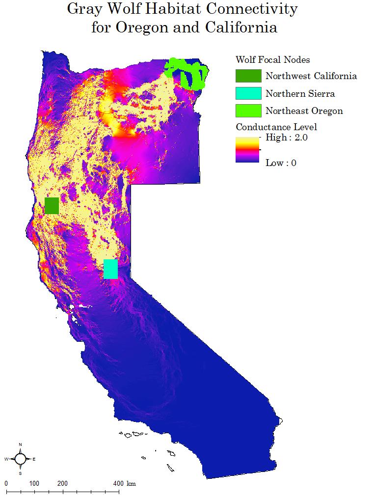 Figure F.1. Gray wolf habitat connectivity for Oregon and California as modeled by Circuitscape.