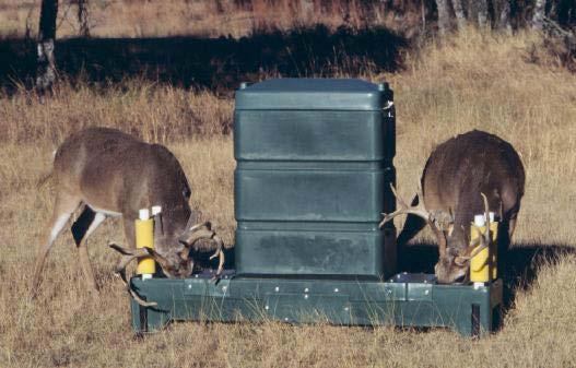 Tick Control on Important Hosts Deer self-application device 4-poster feeder station Deer contact acaricide treated paint rollers when consuming corn, treats ears, head and neck Studies in the NE