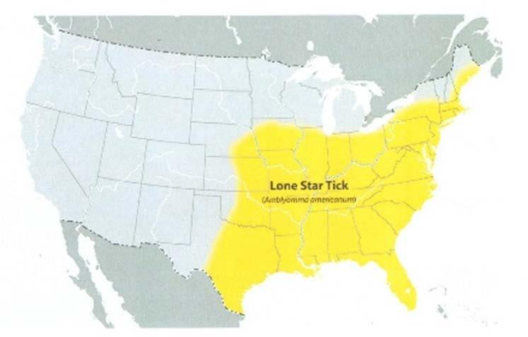 Lone star tick, Amblyomma americanum Distribution From Texas throughout south-central and southeastern US.