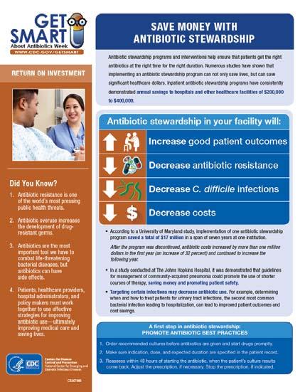 CDC: Get Smart About Antibiotics Week November 13 19, 2017 A week designed to raise antibiotic awareness, and provide tools for long-lasting antimicrobial stewardship success Involve your local
